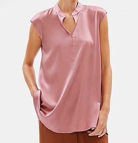 Eileen Fisher Tops - Eileen Fisher Rose Quartz Stretch Silk Charmeuse Mandarin Collar Top Small